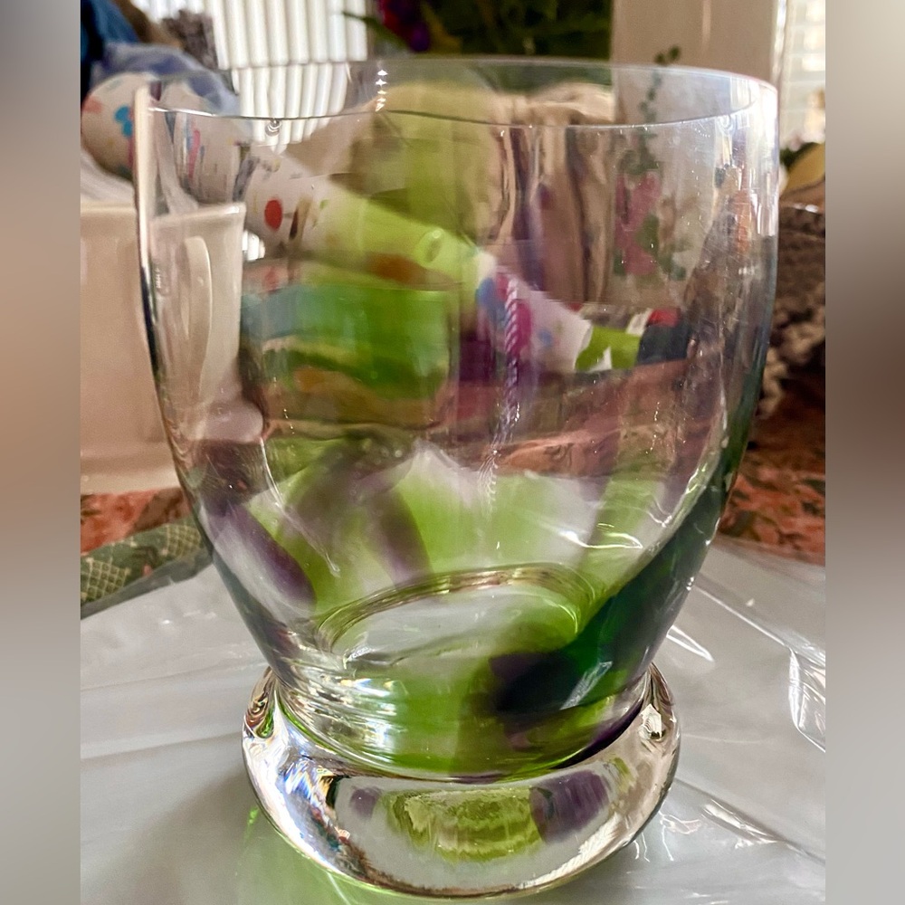 Vintage Sasaki green and purple flame glass.  Flaws seen in pictures.  Handblown
